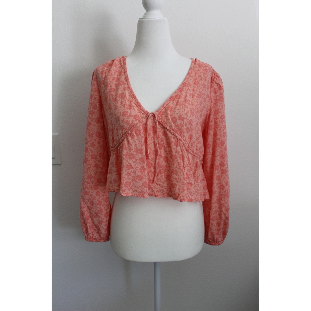 Billabong Women's Peach Floral V-Neck Cropped Peplum Long Sleeve Boho Top Small